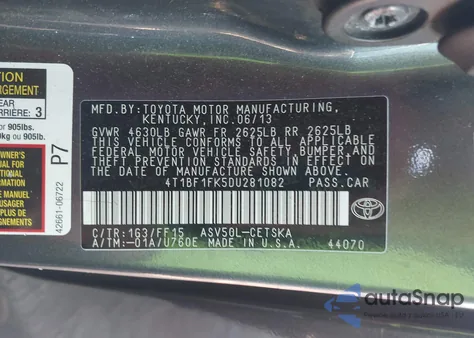 2013 Toyota Camry Se from USA, damaged, VIN 4T1BF1FK5DU281082